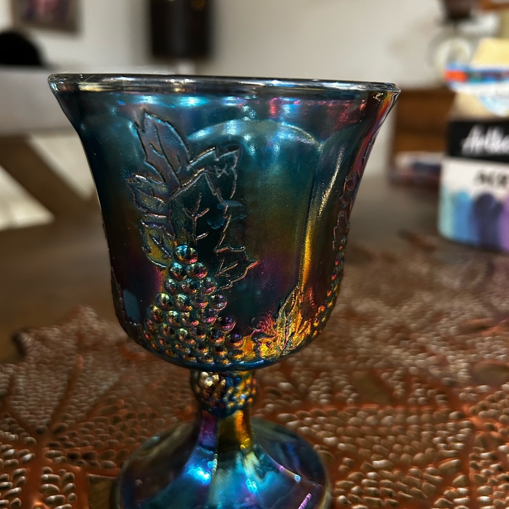 Indiana Glass Iridescent Goblet with Leaf and Grape Design